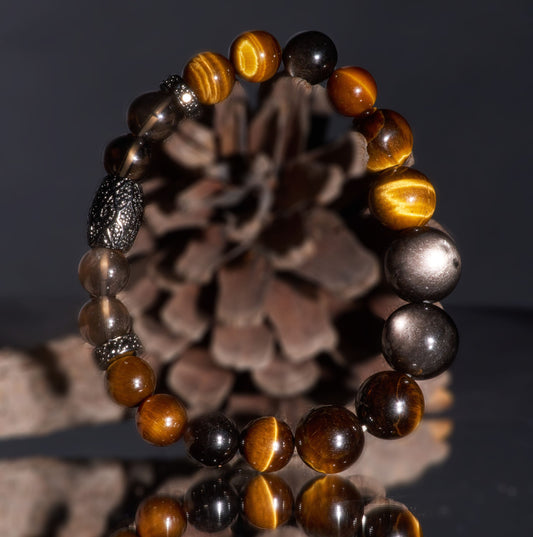 Tiger Eye and Obsidian Stone Bracelet with Smoky Quartz