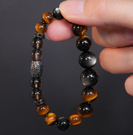Tiger Eye and Obsidian Stone Bracelet with Smoky Quartz